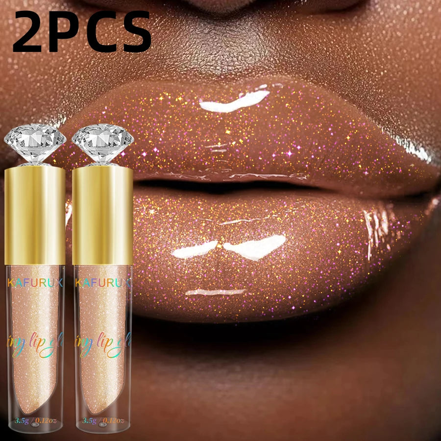 2pcs Moisturizing Diamond Shimmer Glitter Lip Gloss Set Korean Makeup Sparkling Glitter Liquid Lipstick Pearl Lip Gloss Sexy Lip Oil Sexy Pink Cosmetic for Women Gifts