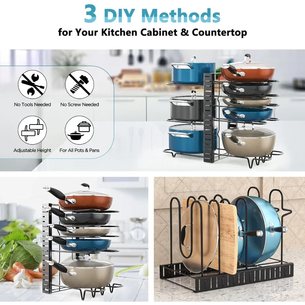Pots and Pans Organizer for Cabinet Tier Pot Organizers Rack with 3 DIY Methods, Adjustable Pan Organizer Kitchen Organization