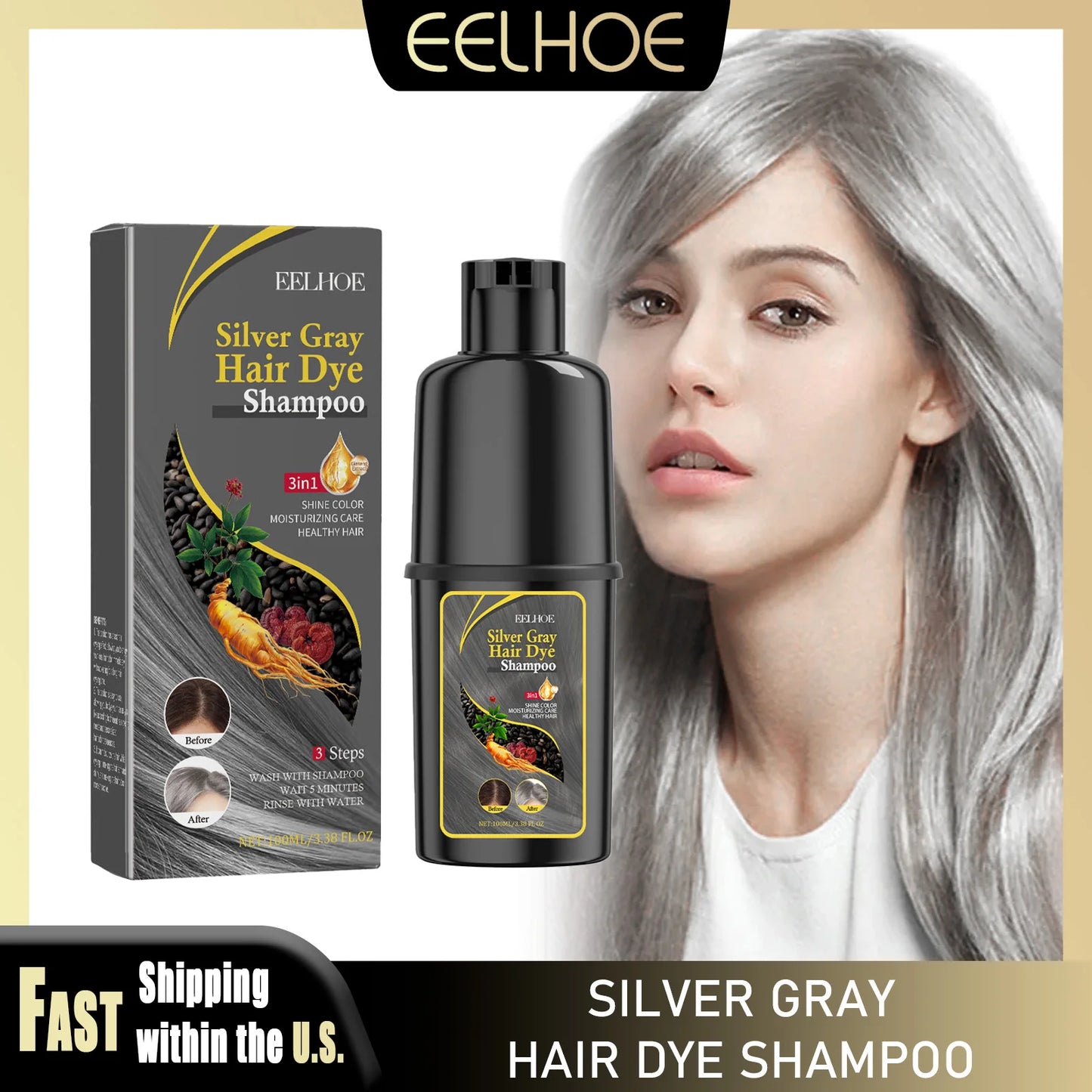 EELHOE 100ml Hair Dye Shampoo Silver Gray Quickly Dye Moisturize Make Hair Soft Shiny High-efficiency Dye Safe Gentle Hair Care