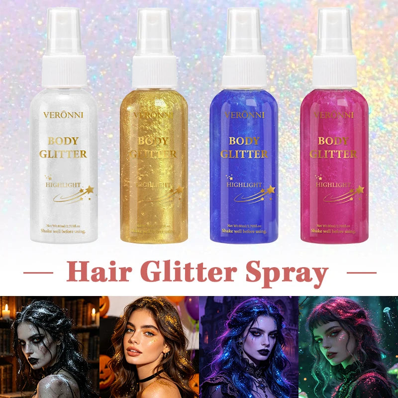 2Pcs VERONNI Body Glitter Spray, Shimmer Highlighter Mist for Hair Face Body, Long Lasting Sparkle Makeup Spray for Party Festival