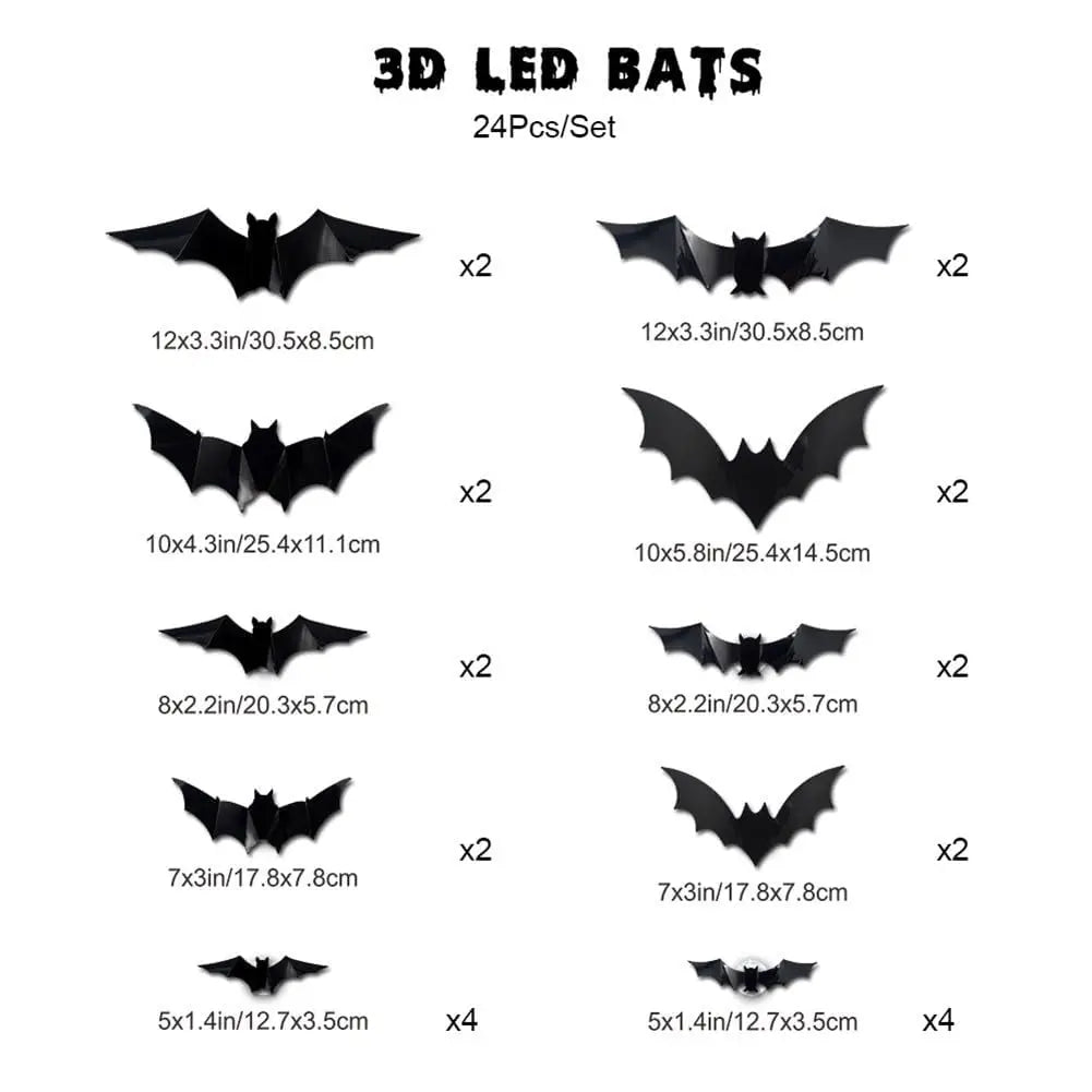 24pack Halloween 3D Bats Wall Decor, Luminous Scary Bat Window Cling