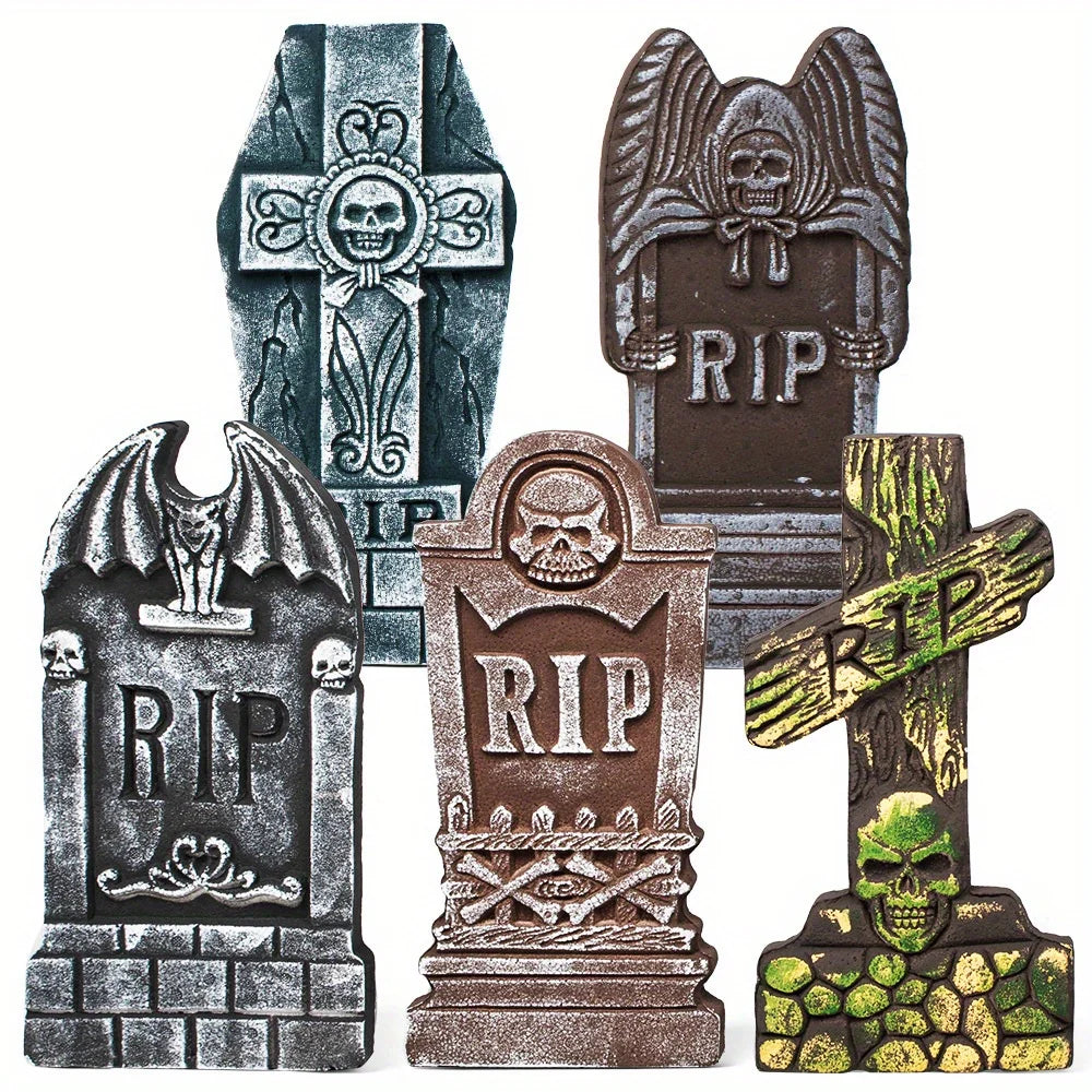 17'' Halloween Foam RIP Graveyard Tombstones, Halloween Tombstones Outdoor Decorations for Graves Decorations with 12 Metal Stakes for Cemetery Yard Lawn Party Decor