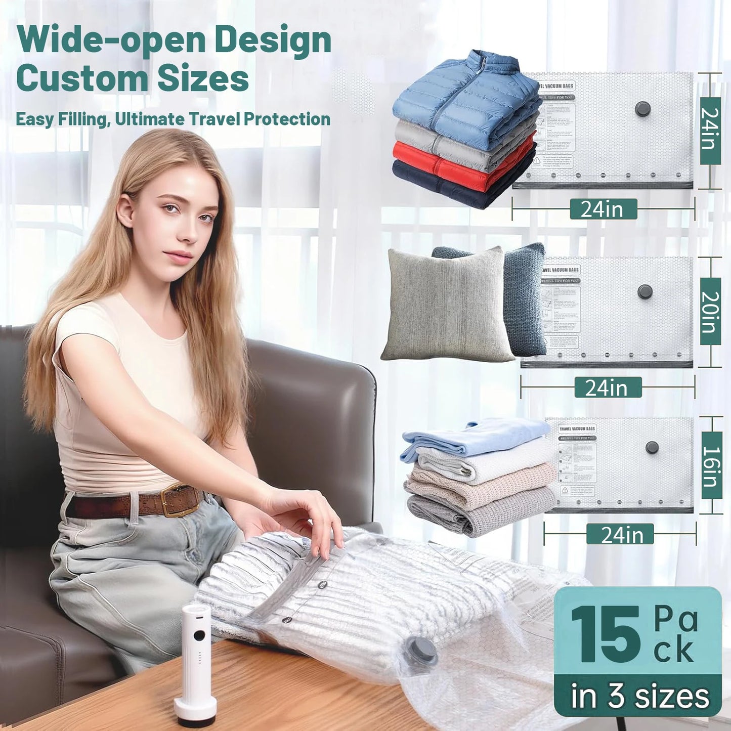Cordless Travel Vacuum Compression Bag Set With Rechargeable Pump