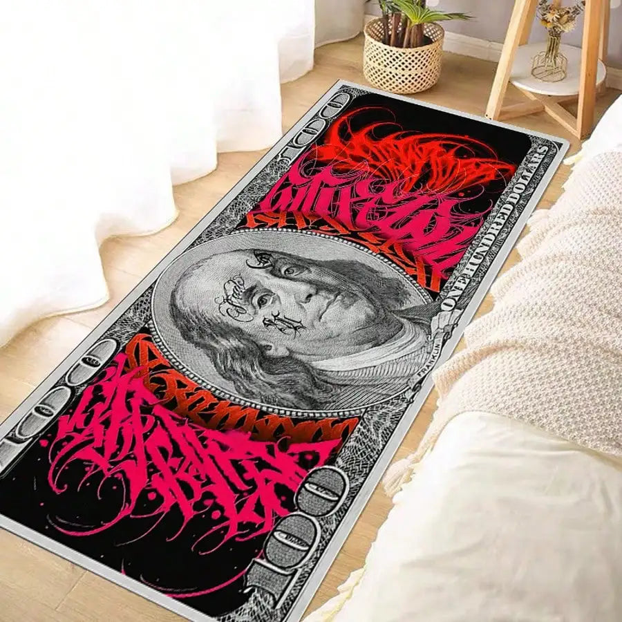 1pc Interesting Portrait & Dollar Bill Pattern Rug, Modern Creative Cartoon INS Style American Elements Rectangle Soft Area Carpet, Applicable For Outdoor, Entrance, Living Room, Bedroom, Laundry Room, Bathroom, Game Room, Wa