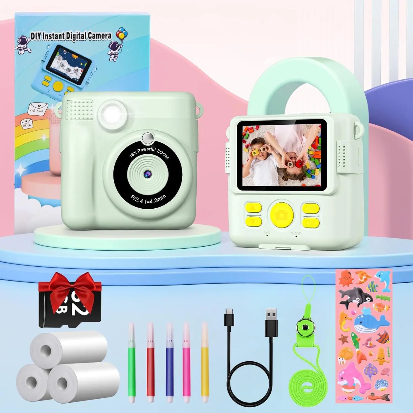 Gofunly Kids Instant Print Camera Thermal Printing Digital Camera 2 Point 4 Inch LCD 1080P For Ages Six To Twelve