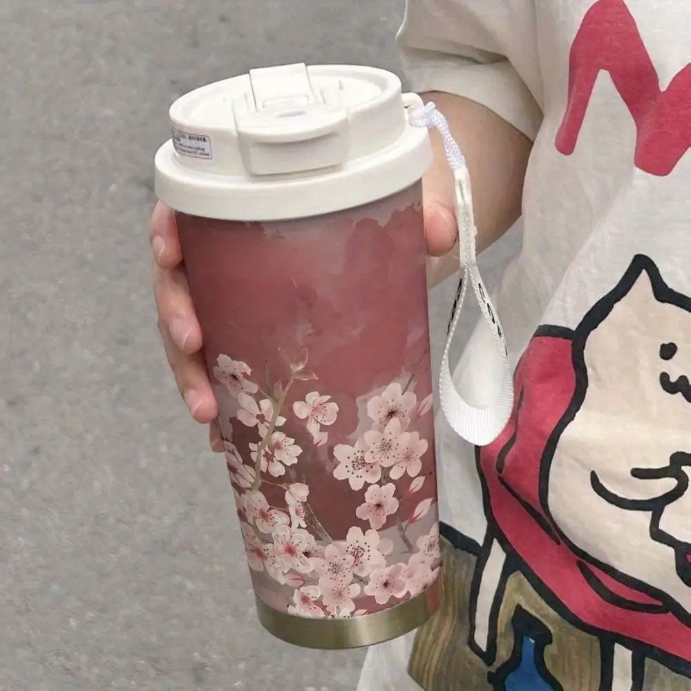 304 Stainless Steel Sakura Insulated Travel Mug With Straw Lid