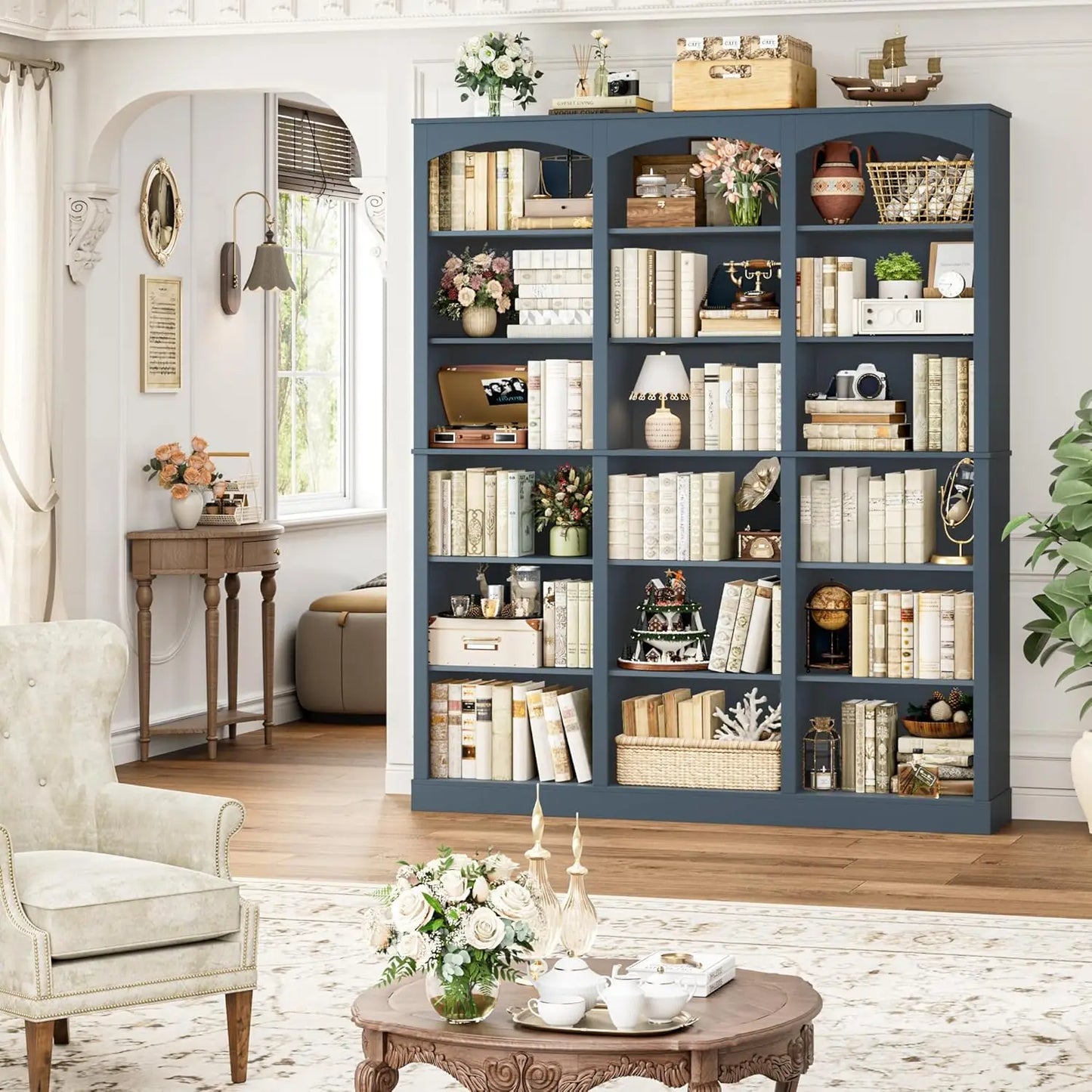 71" Triple Wide Bookshelf, 6 Tier Tall Bookshelf, Large Bookcase with Curved Baffle, 63.4" Wide Book Shelf with 18, Customized