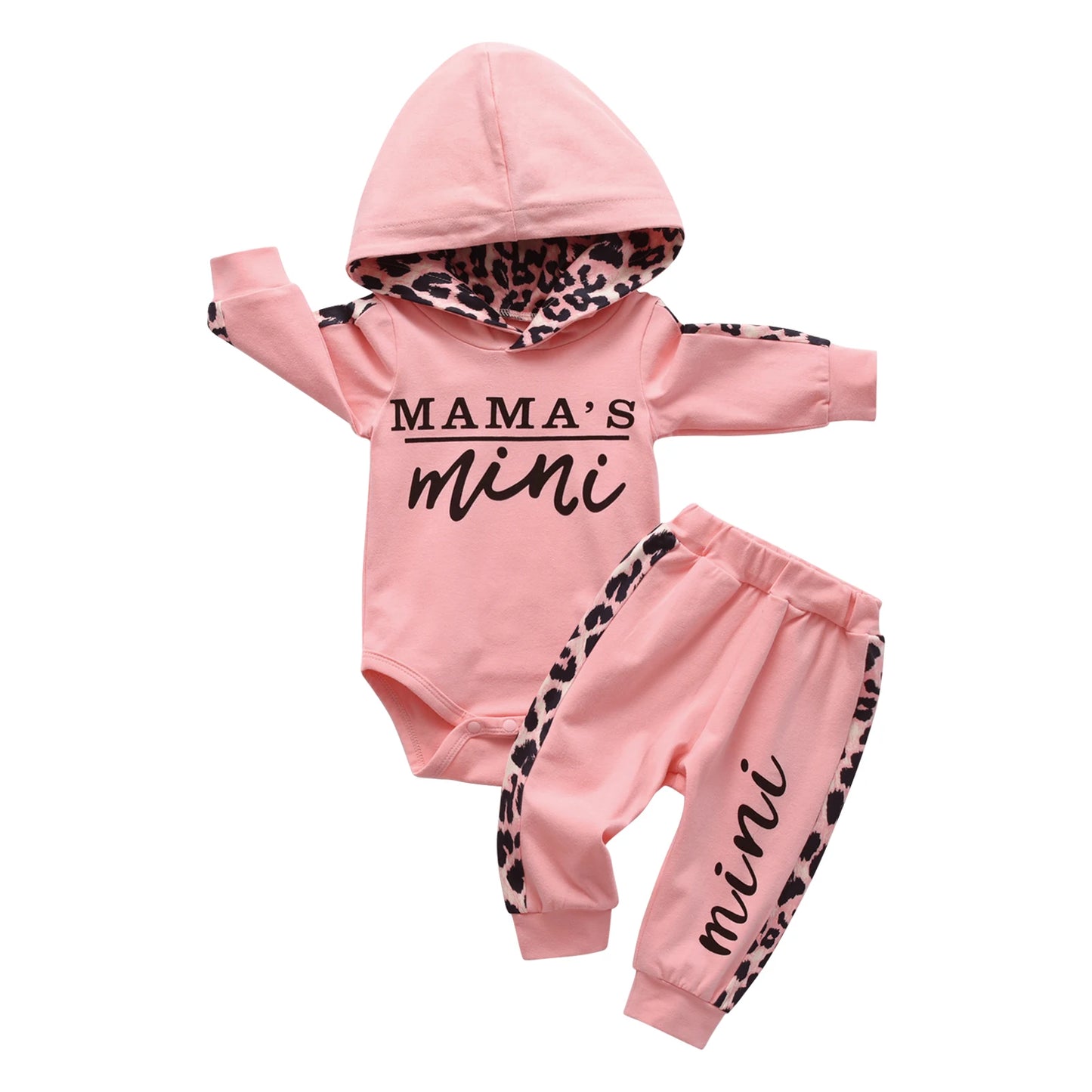 Infant Girl Knit Set Mama's Mini Hooded Top Leopard Pants
