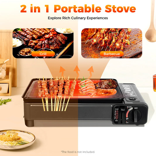 Portable Gas Grill Stove Dual Fuel, Camping Cooking Grill Gas Stove with Carry Case & Accessories for Outdoor Camping BBQ