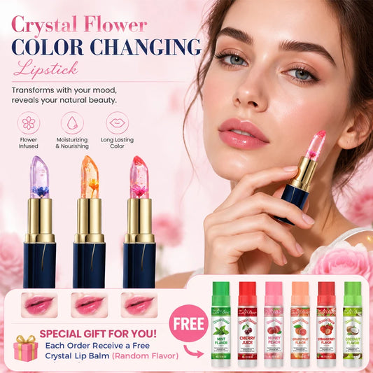 ZaiDoc 3pcs Flower Jelly Crystal Lipstick with Gift Fruit Lip Balm PH Color Changing Moisturizing Lip Gloss Balm Long Lasting Shine Lipstick
