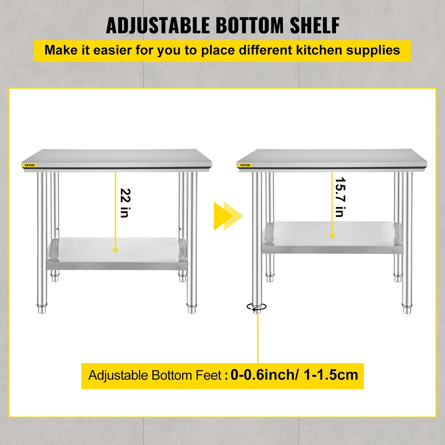 VEVOR Kitchen Work Bench Stainless Steel Commercial Table With Undershelf