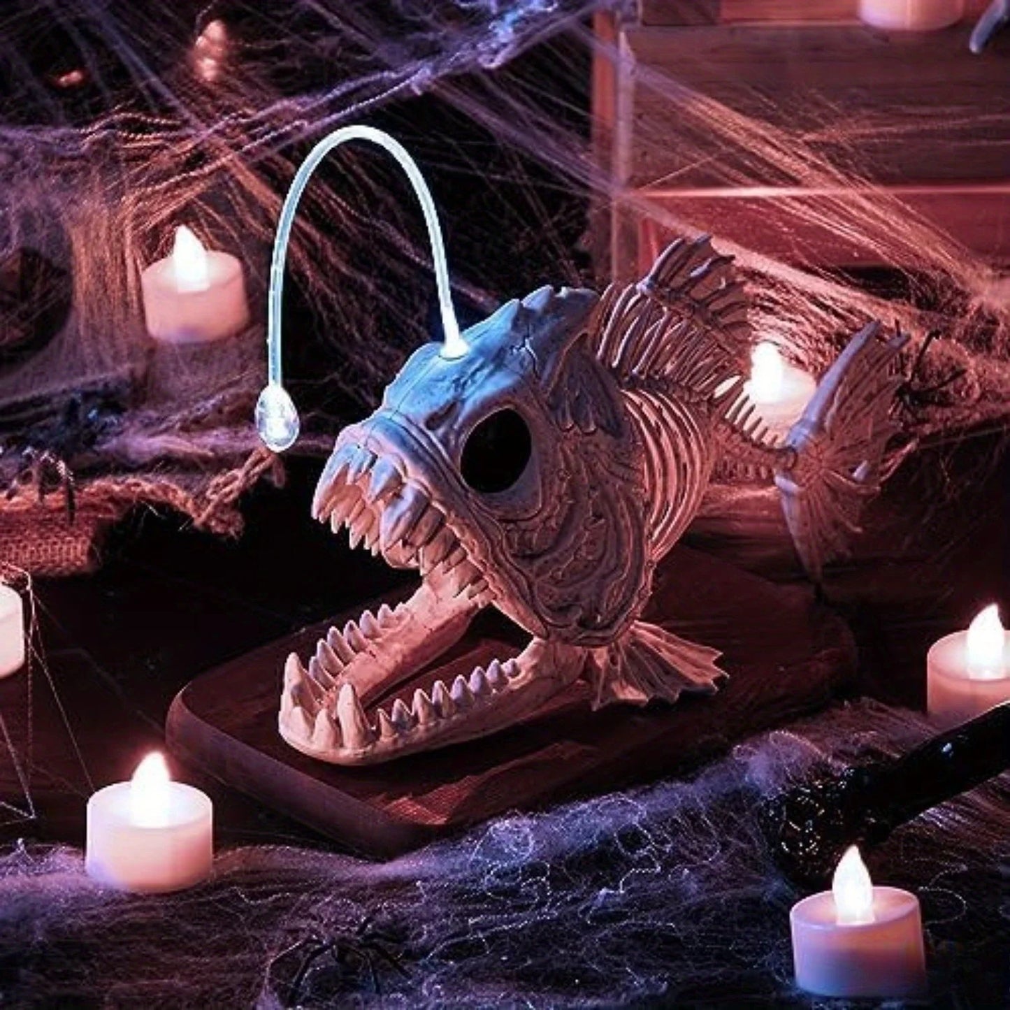 Skeleton Lantern Fish Halloween with LED Eye Plastic Bones for Halloween Party Photo Prop Decoration Graveyard Decor, Indoor Outdoor Spooky Scene(10.2" *5.5" *3")