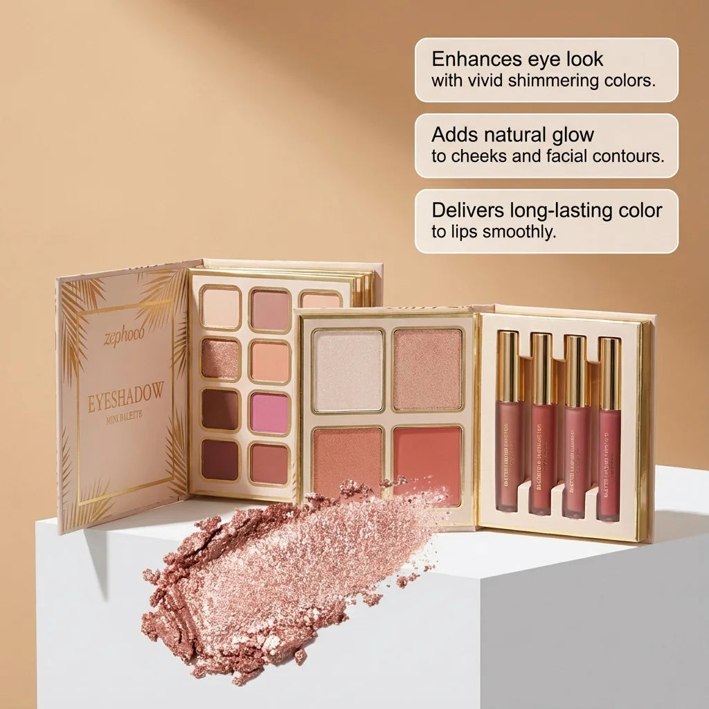 Tropical Gilded Makeup Set: All-in-One Eye Face Palette with Highlighter Blush 4Pcs Matte Liquid Lipstick Sculpting & Illuminating Sunkissed Bronze Glow Highly Pigmented Sweatproof Full Makeup Kit for Summer Festival Travel V