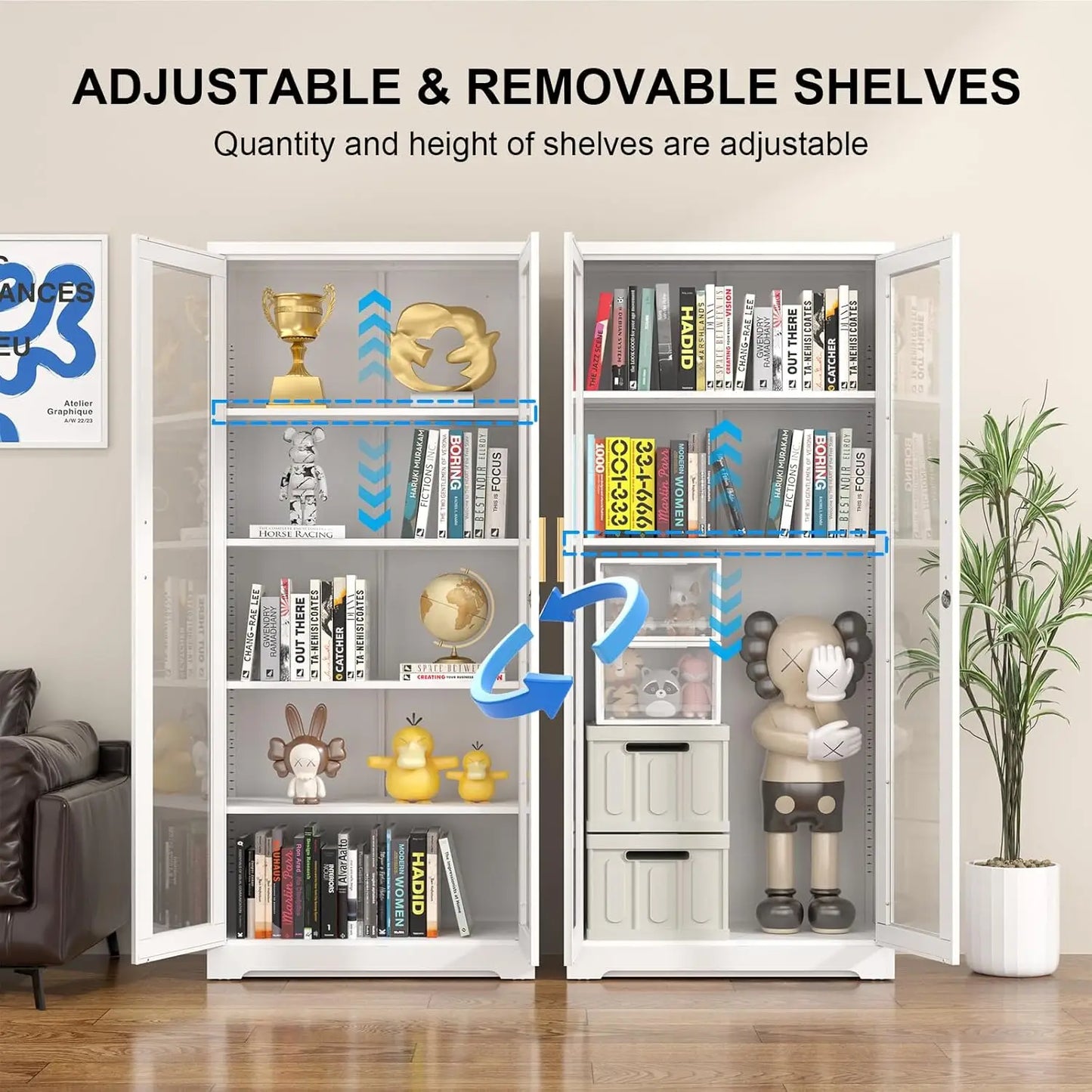 Display Cabinet with Glass Doors, 71'' Tall Curio Cabinets with Lock, Metal Glass Display Case for Collectibles, Customized