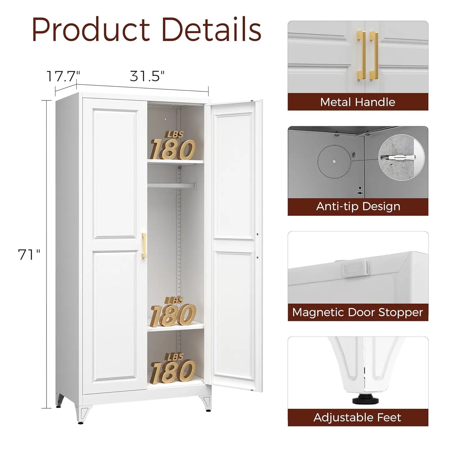 Metal Armoire Wardrobe Closet with 2 Doors, 71" Tall Wardrobe Closet with Doors, Hanging Rod, Drawers and, Customized