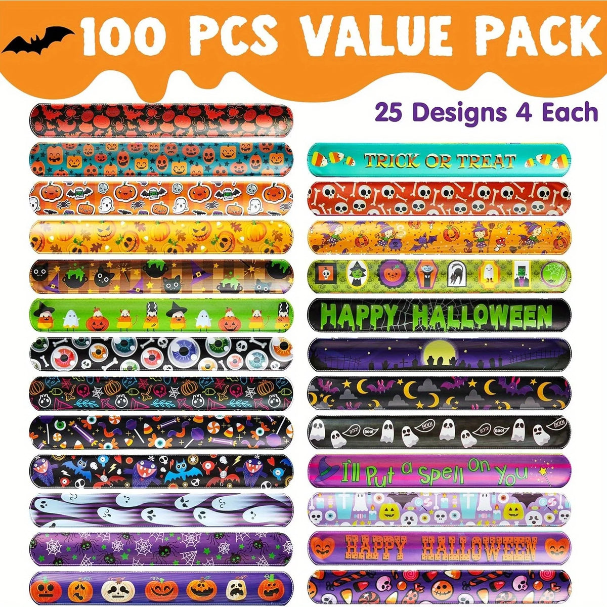 100 PCS Halloween Slap Bracelets for Kids, Halloween Bracelets Bulk for Girls Boys Gifts, Friendship Bracelets Snap Bracelets for Halloween Party Favors Goodie Bag Fillers