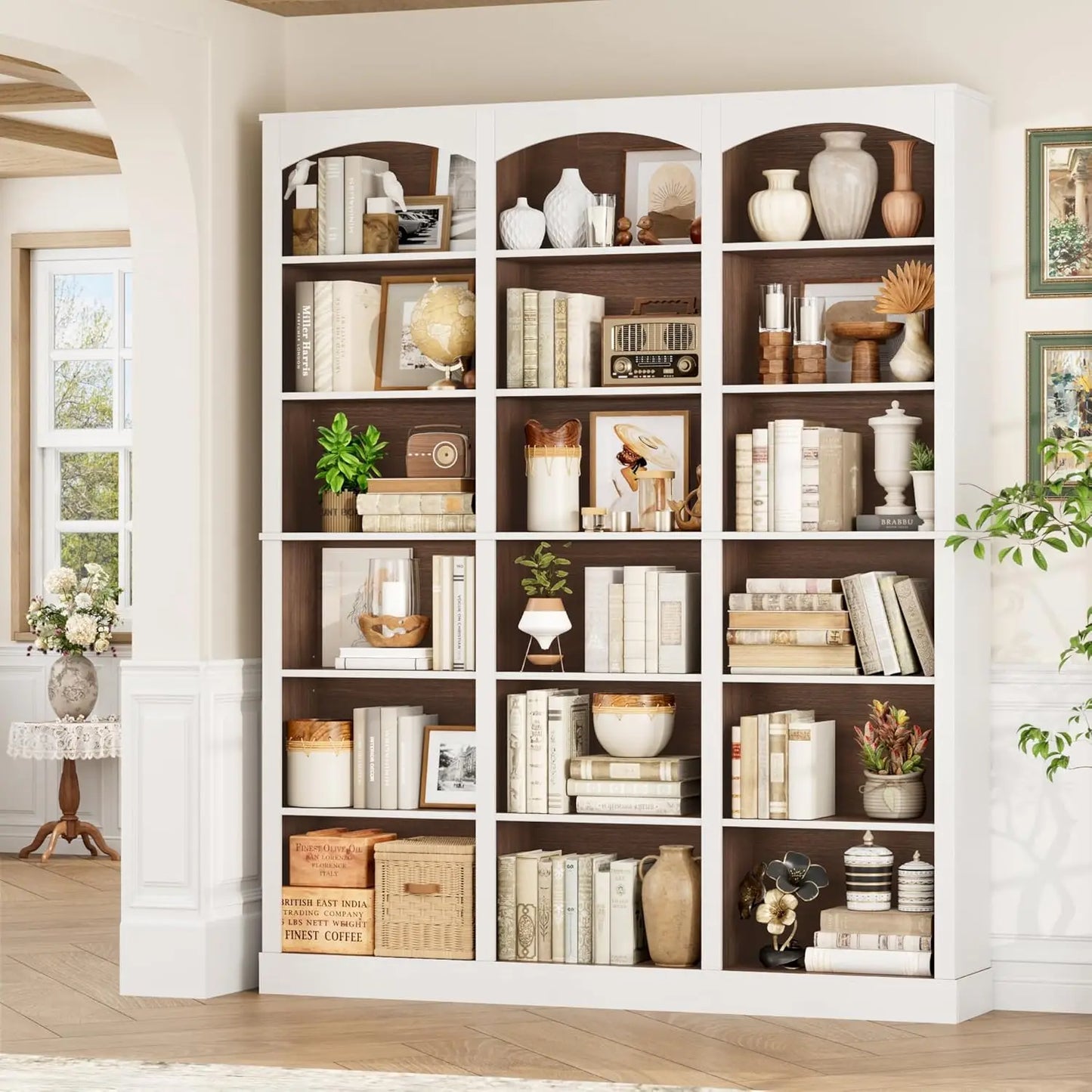 71" Triple Wide Bookshelf, 6 Tier Tall Bookshelf, Large Bookcase with Curved Baffle, 63.4" Wide Book Shelf with 18, Customized