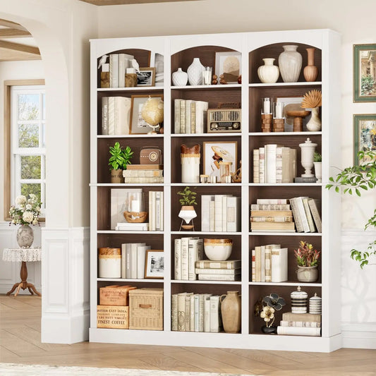 71" Triple Wide Bookshelf, 6 Tier Tall Bookshelf, Large Bookcase with Curved Baffle, 63.4" Wide Book Shelf with 18, Customized