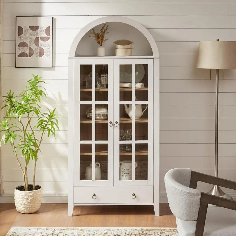 Arched Cabinet With Glass Doors And Drawer 71 Inch Tall Wood Display Cabinet With Adjustable Shelves Antique White