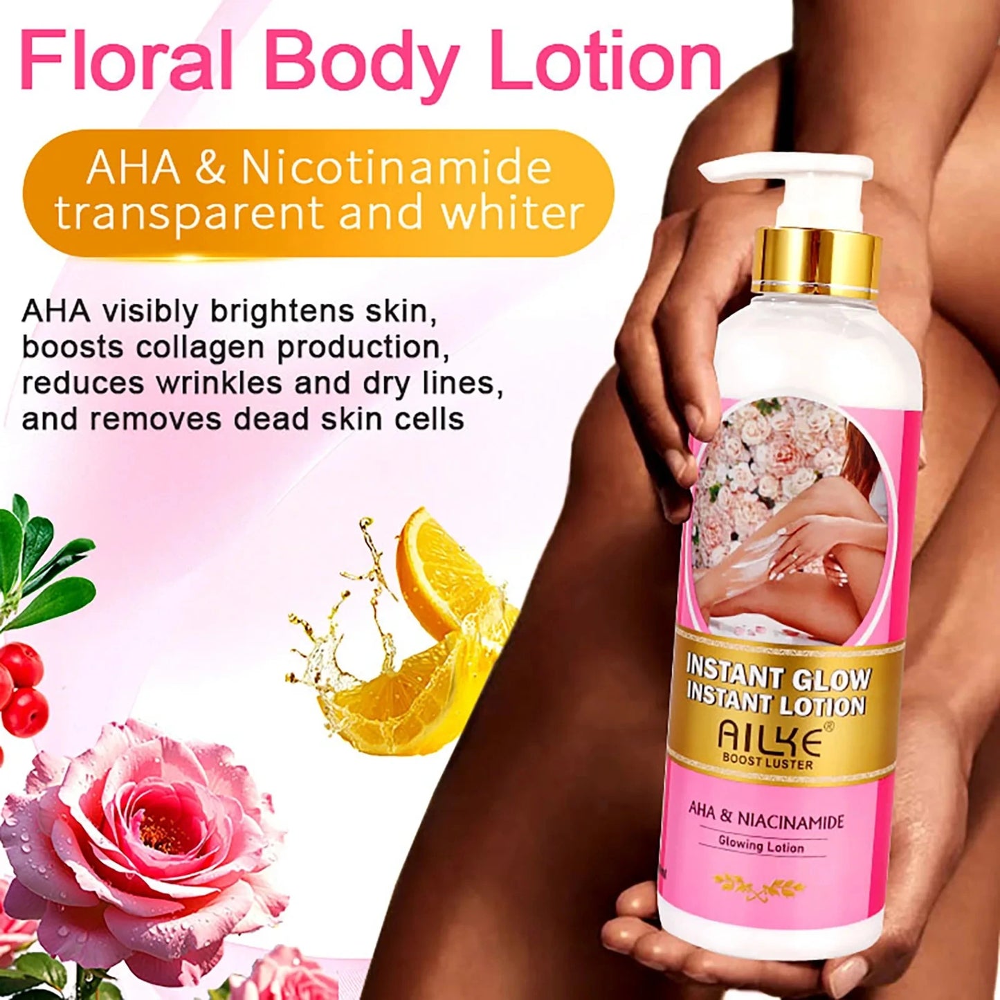 AILKE Vegan Brightening Body Lotion, with AHA, Niacinamide, Moisturizing, Hydration, for All Skin Type, Radiant Skin Body Cream