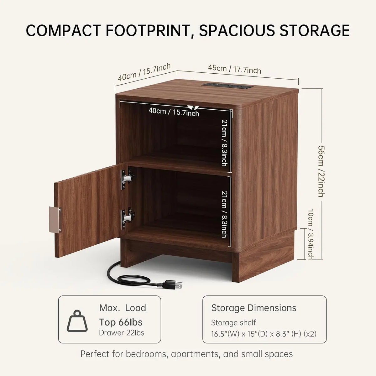 TinyNest Nightstand with Charging Station, Fluted Wood Side Table with Storage Drawers & Open Shelf, Night Stand Bedside Table with 2 AC Outlets, 1 USB A Port, 1 USB C Fast Charging Port, Small End Table Storage Cabinet For B