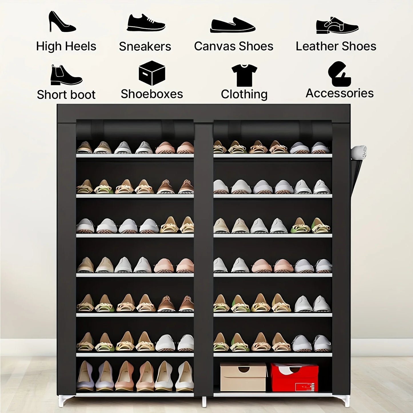 6 Layer Double Row Shoe Rack With Dust Cover Easy Assembly For Shoes Black Plastic 12 Grid Storage Rack