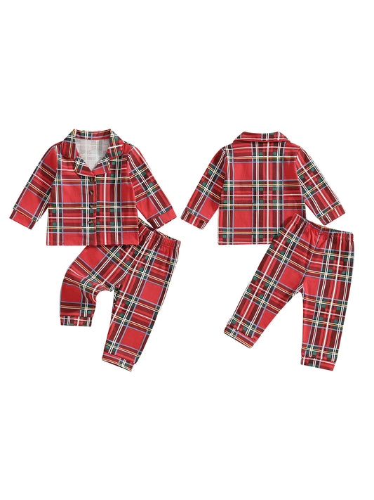 Child Autumn Checkered Pattern Pajama Set With Long Sleeve Lapel Collar Button Down Top And Matching Pants For Cozy