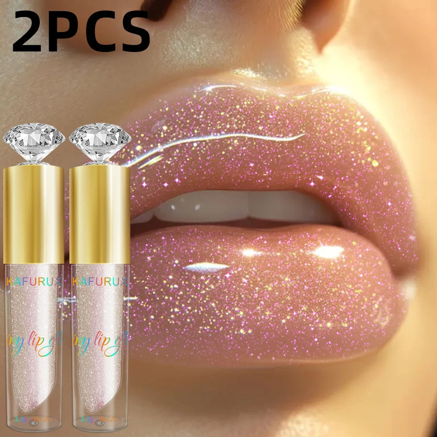 2pcs Moisturizing Diamond Shimmer Glitter Lip Gloss Set Korean Makeup Sparkling Glitter Liquid Lipstick Pearl Lip Gloss Sexy Lip Oil Sexy Pink Cosmetic for Women Gifts