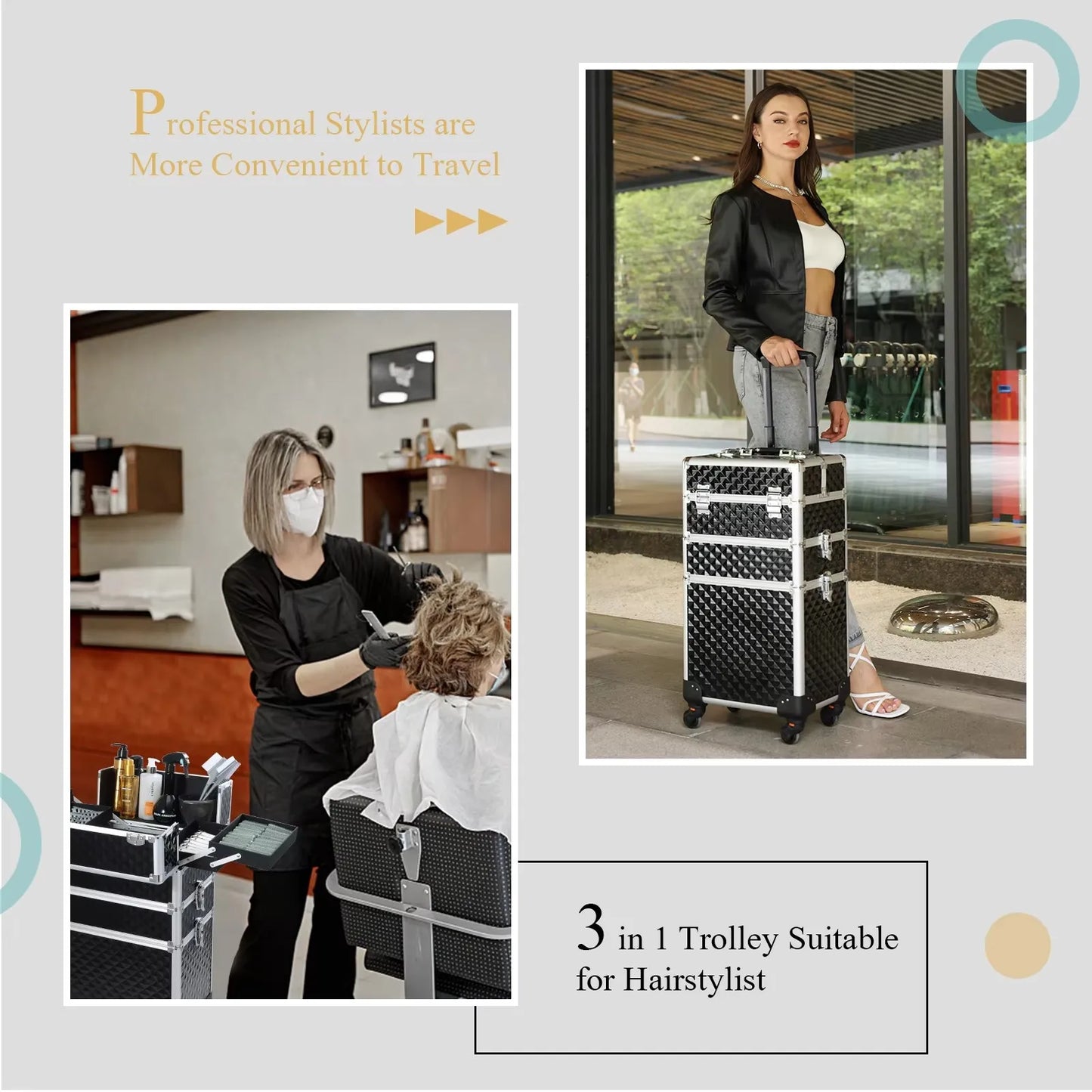 Rolling Makeup Case 3 In 1 Removable Makeup Case On Wheels Large Capacity Lockable Trolley For Salon
