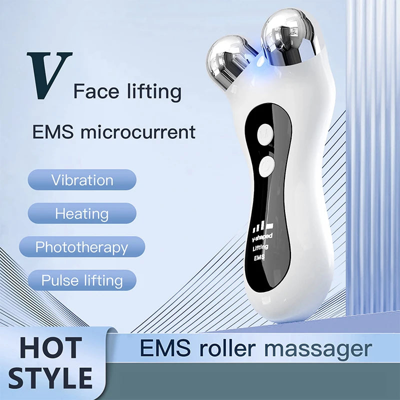 Portable Electric V-Face Lift Roller Massager EMS Microcurrent Sonic Vibration Facial Lifting Skin Tighten Massage Beauty Device