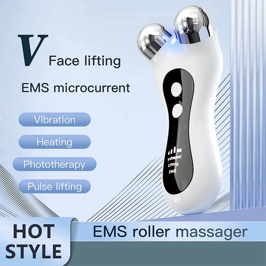 Portable Electric V-Face Lift Roller Massager EMS Microcurrent Sonic Vibration Facial Lifting Skin Tighten Massage Beauty Device
