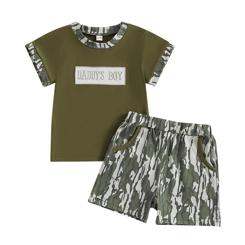 Infant Boy Summer Outfit Set Embroidered Tshirt Elastic Shorts