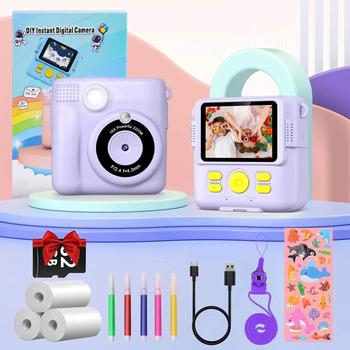 Gofunly Kids Instant Print Camera Thermal Printing Digital Camera 2 Point 4 Inch LCD 1080P For Ages Six To Twelve