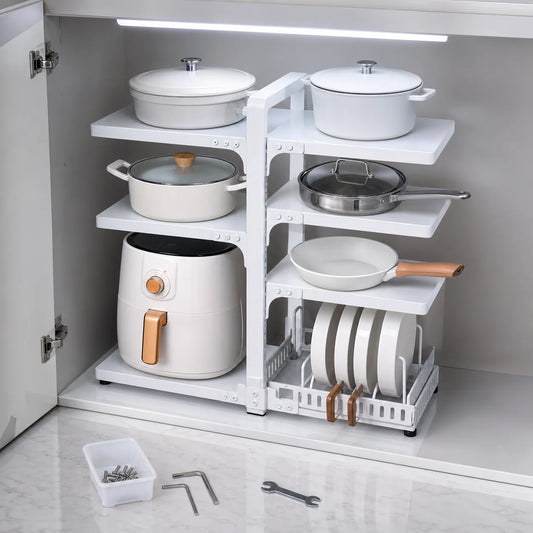 Adjustable Height 2/3/4/5/7 Layer Stainless Steel Kitchen Storage Rack Black Painted Multi-layer Sink Organizer for Pots Plates Home Use Cabinet Shelf
