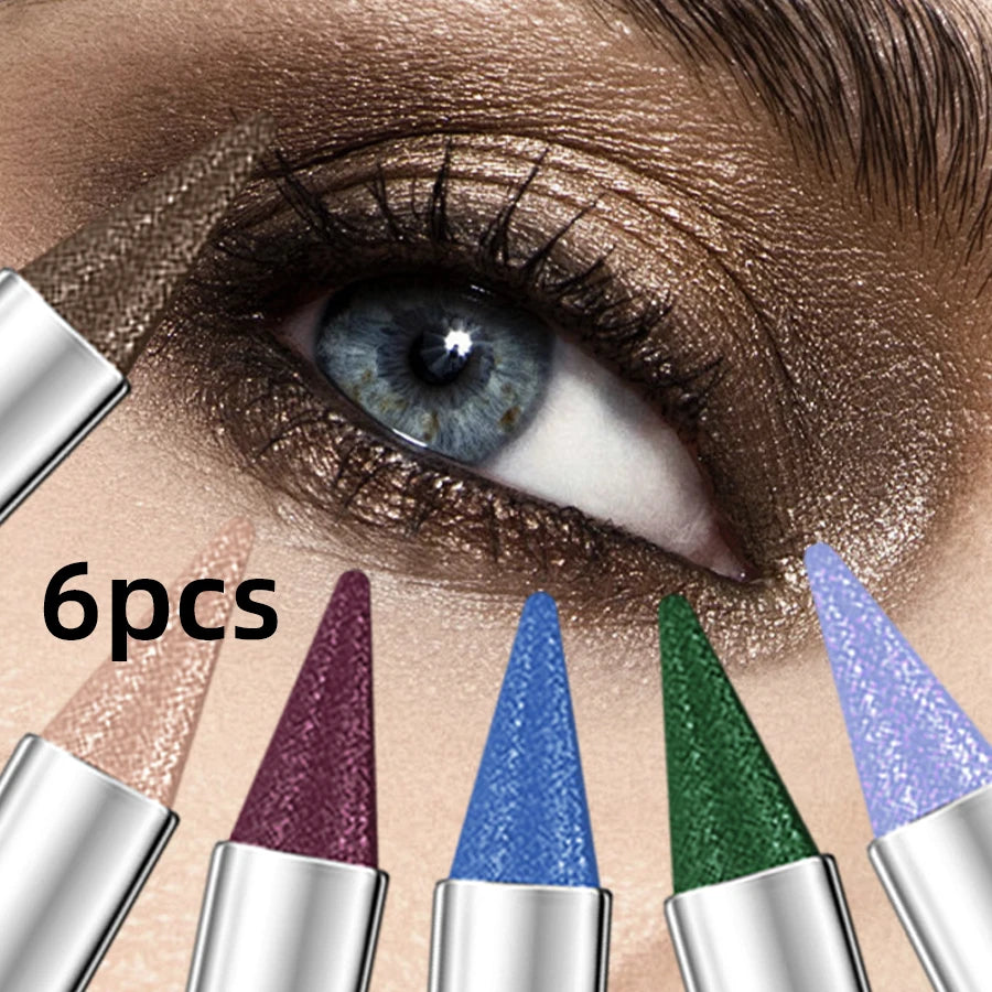 6pcs Metallic Brown Blue  Waterproof Eyeshadow Pen Glitter Shiny Eye Shadow Stick Korean Makeup for Women Gifts Pear Eye Cosmetics Smoky Black