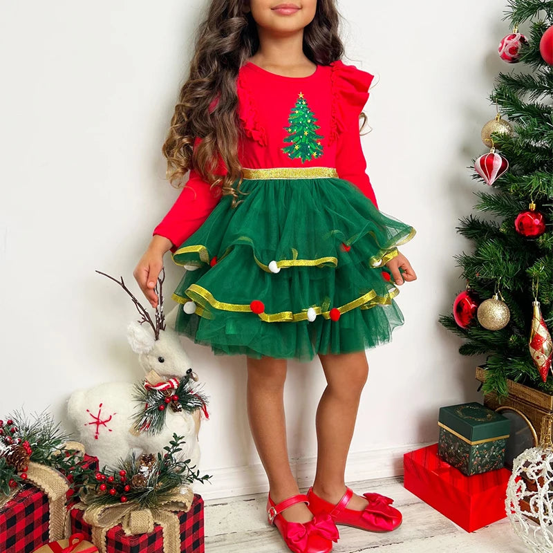 Kids Santa Claus Costume Round Neck Long Sleeve Dress