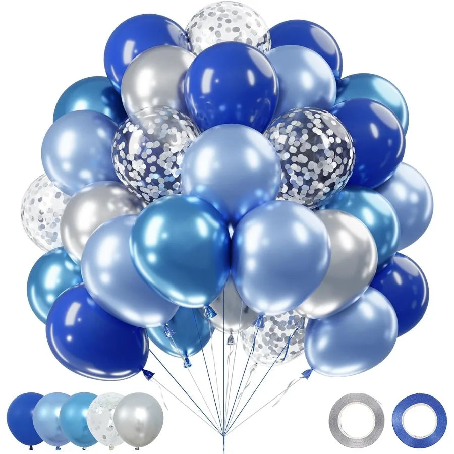 Blue Silver Balloons Set 60 Pcs 12 Inch Navy Blue Balloons with Silver Metallic Confetti for Birthday Baby Shower
