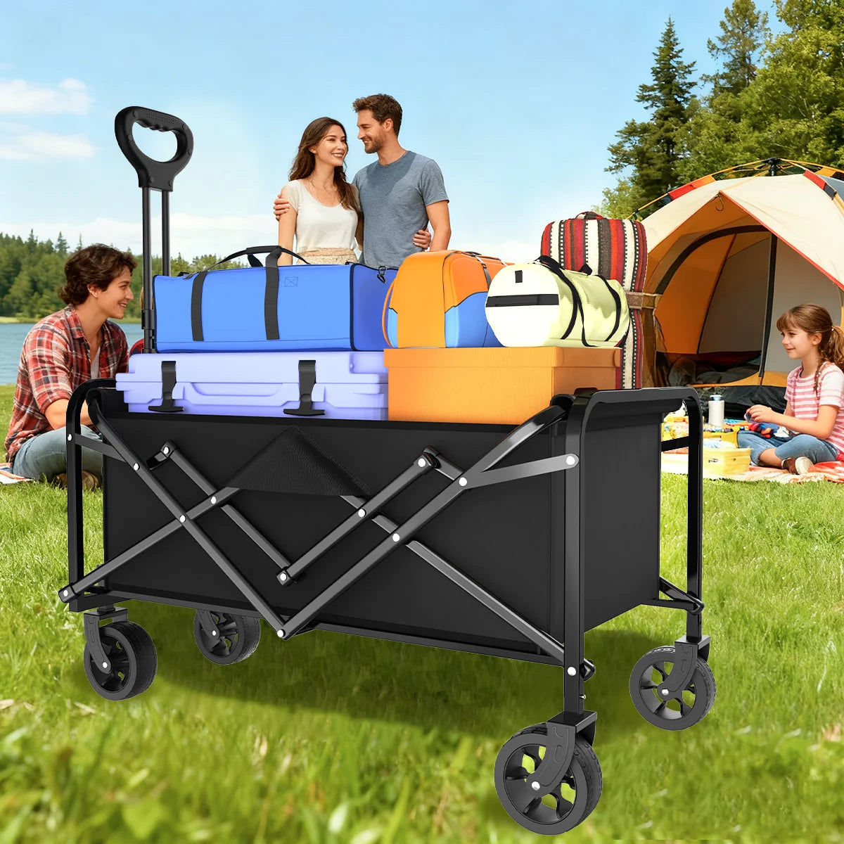 Heavy Duty Large Capacity Folding Cart with Stainless Steel Frame And 600D Oxford Cloth Black All Terrain Multi-Purpose for Camping Gardening Beach Shopping No Assembly Required