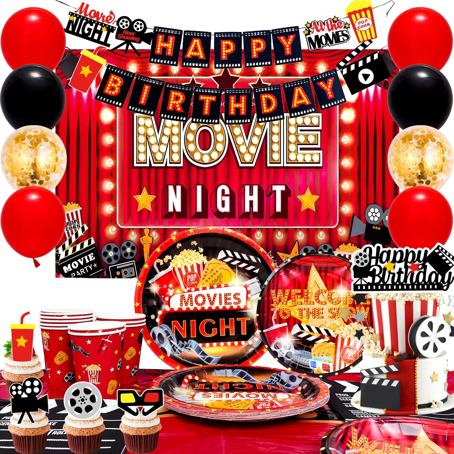 Movie Night Birthday Party Decorations and Tableware Set 68Pcs Plates Napkins Tablecloth Movie Night Supplies