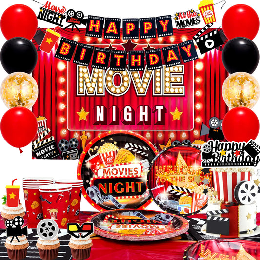 Movie Night Birthday Party Decorations and Tableware Set 68Pcs Plates Napkins Tablecloth Movie Night Supplies
