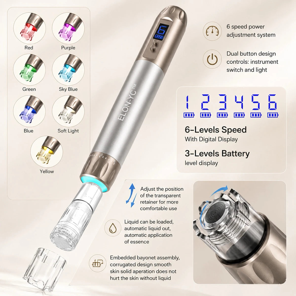 Original ELON-YC-H6 With 10 Cartridges Microneedling Pen 2-in-1 Beauty Equipment 0.25MM Needle