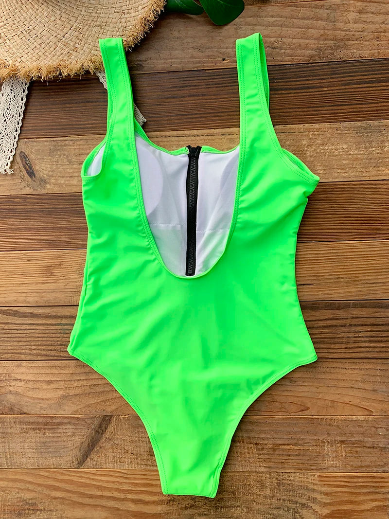 Front Zip Up One Piece Monokini Backless Swimsuit For Women
