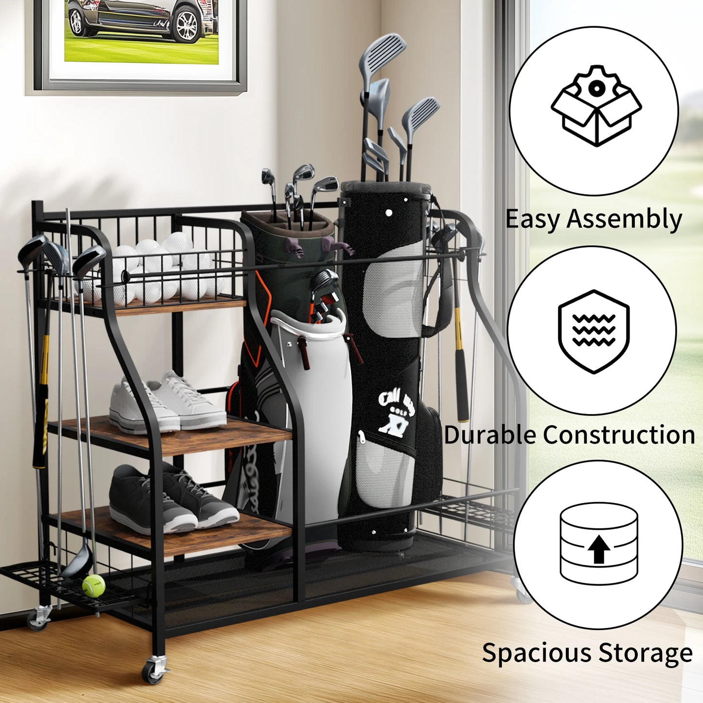 Rolling Golf Bag Storage Rack With Wheels For Sports Equipment