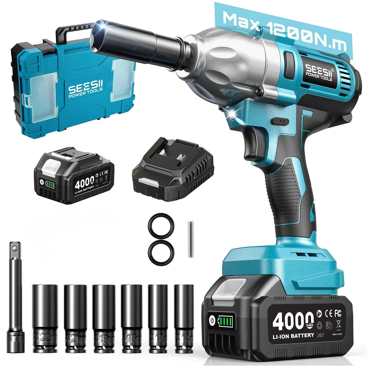 SEESII WH710 Pro 1200N.m Brushless Cordless Impact Wrench 1/2" Electric High Torque Handheld Impact Gun Kit Battery Powered Tool with 4.0Ah Battery LED Light 6 Sockets
