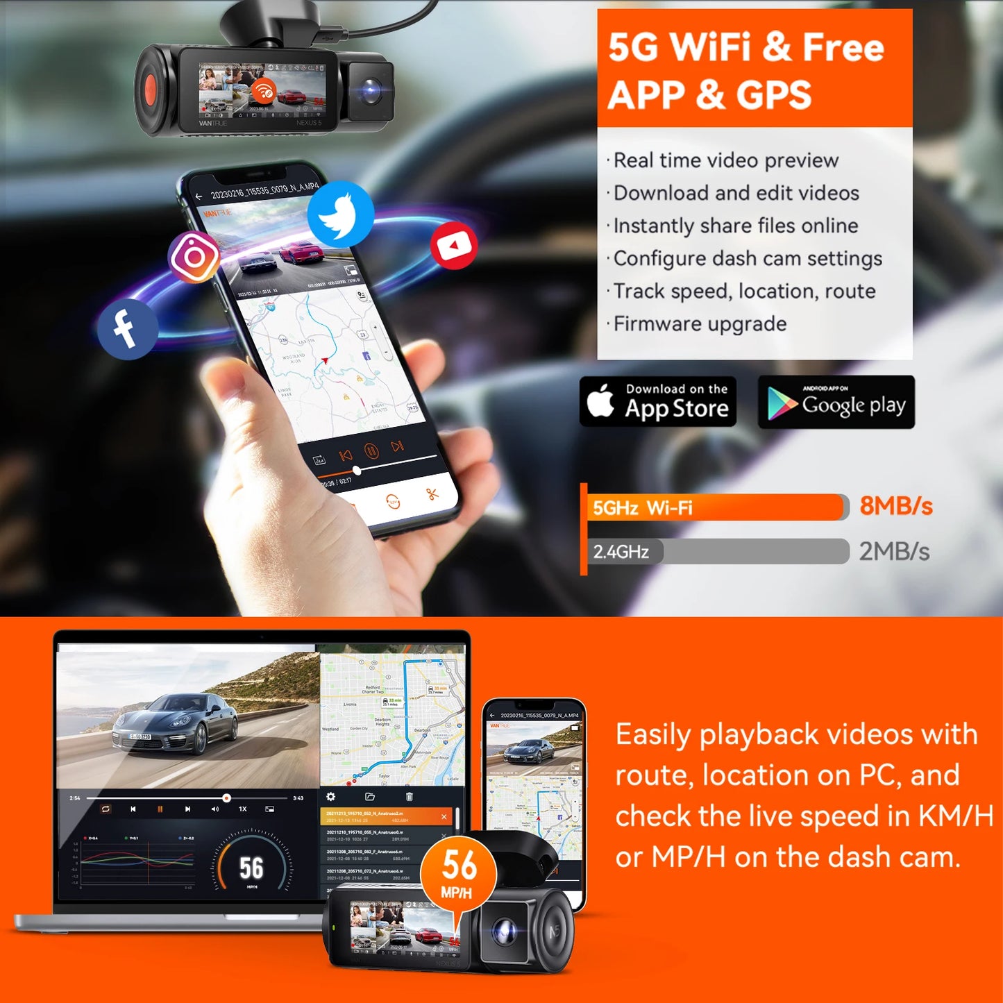 Vantrue N5 Dash Cam 4 Channel WiFi 360 Night Vision