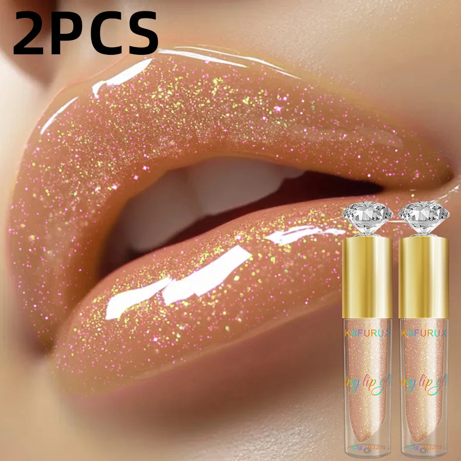 2pcs Moisturizing Diamond Shimmer Glitter Lip Gloss Set Korean Makeup Sparkling Glitter Liquid Lipstick Pearl Lip Gloss Sexy Lip Oil Sexy Pink Cosmetic for Women Gifts