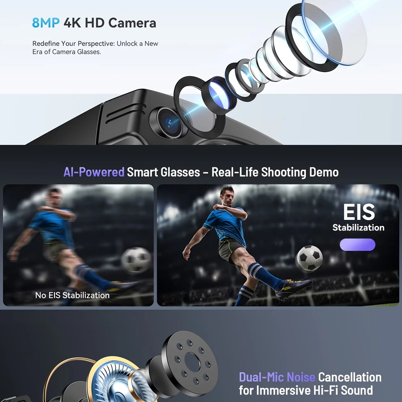 Giinova AI Smart Video Glasses With Camera For 8MP Photos