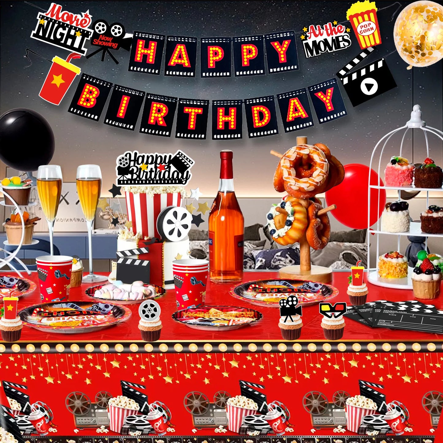Movie Night Birthday Party Decorations and Tableware Set 68Pcs Plates Napkins Tablecloth Movie Night Supplies