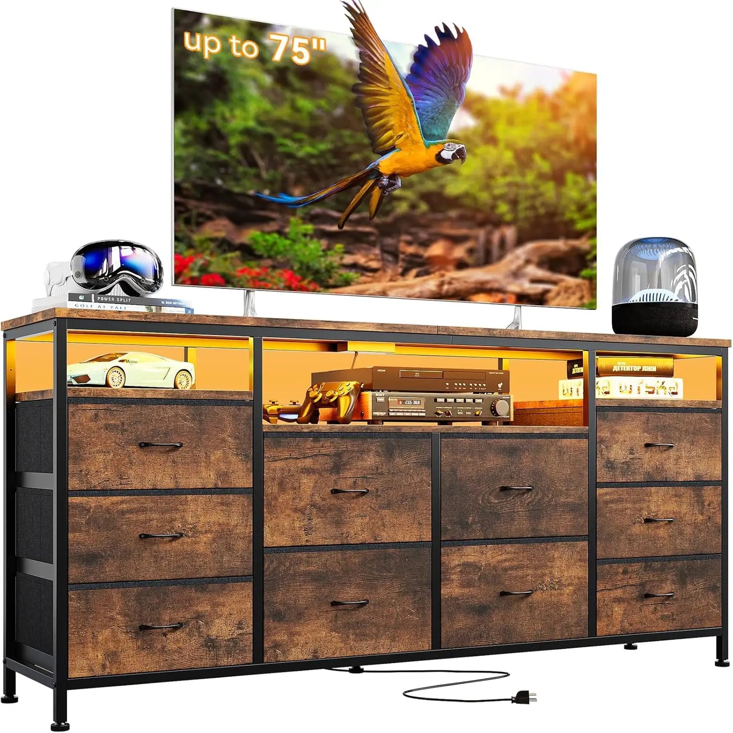 10 Drawer Dresser TV Stand for 65 70 and 75 Inch TV 63 Inch Wide Long Fabric Entertainment Center Chest of Drawers