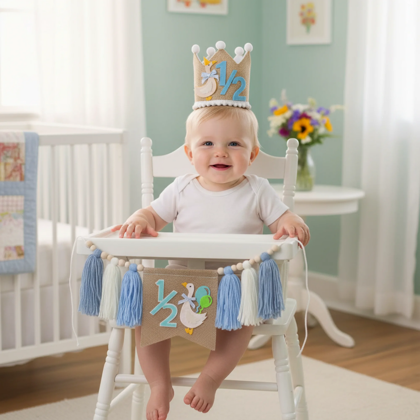 Birthday-Highchair-Banner With Garland Hat For Party Fireplace Mantle Decor 1 2 Birthday For Wooden 1 2 Birthday